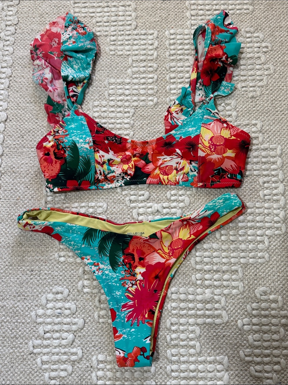 RELLECIGA Floral Ruffle Bikini Top and Cheeky Brazilian Bottom